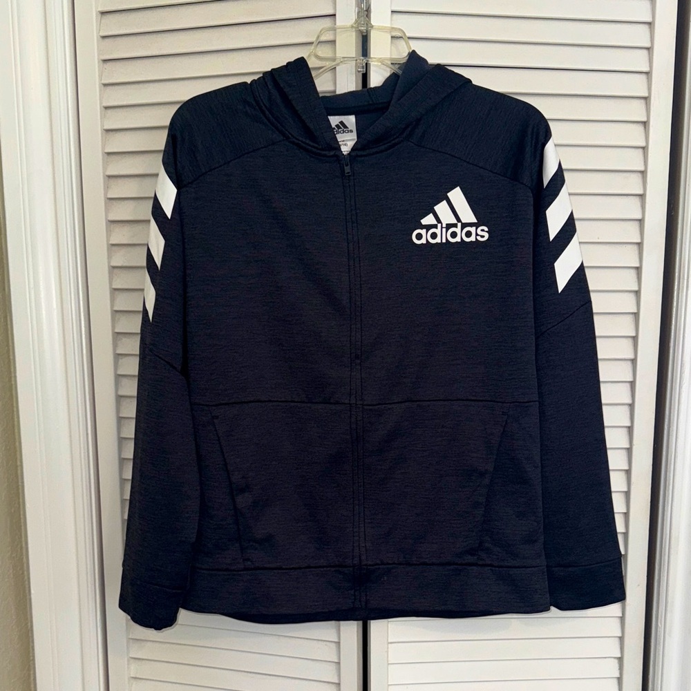 Adidas Black Zip-Up Hoodie with White Accents - Kids L 14/16